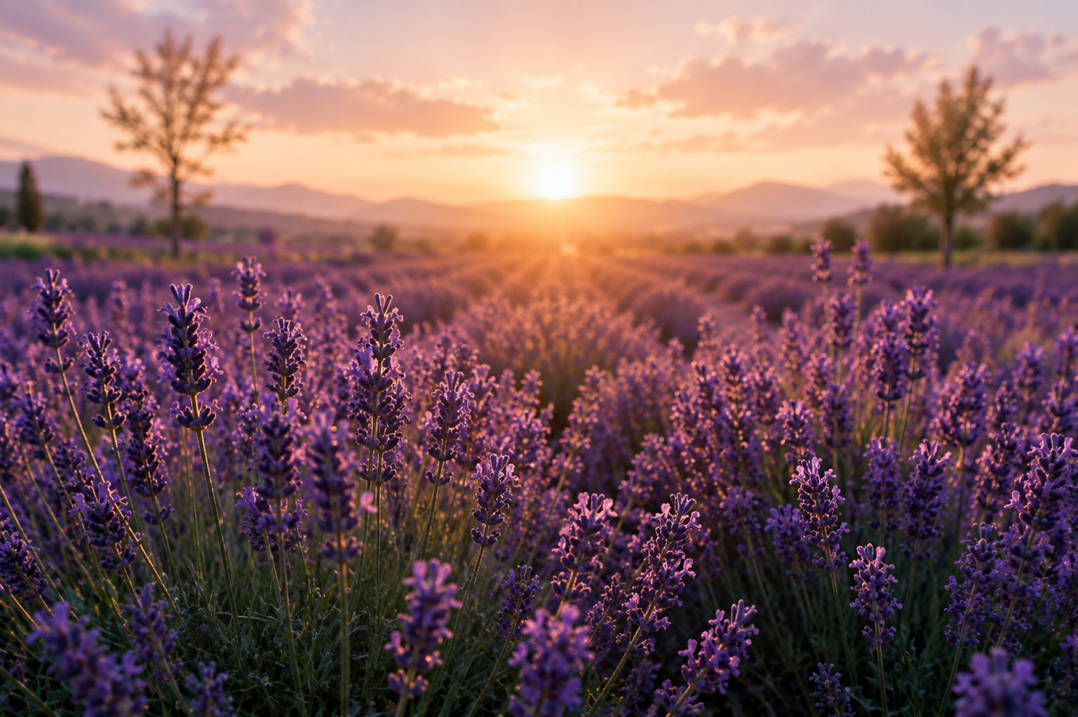 Champ de lavande au coucher du soleil dans un paysage provençal
