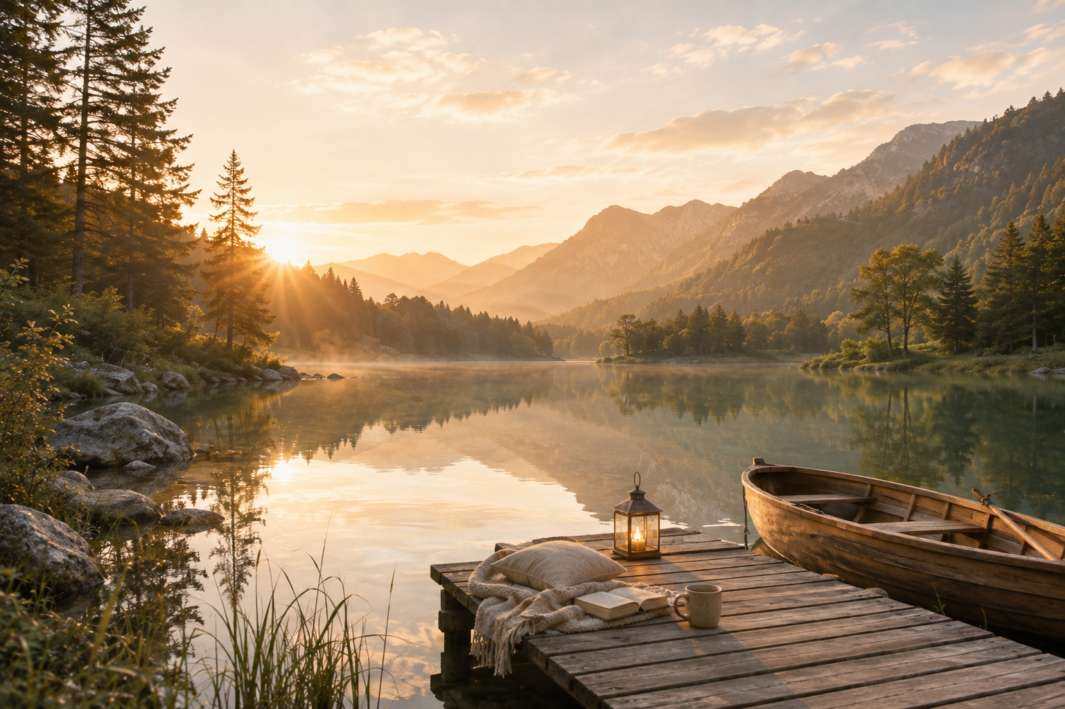 Lac paisible entouré de montagnes sous une lumière de coucher de soleil avec ponton et barque