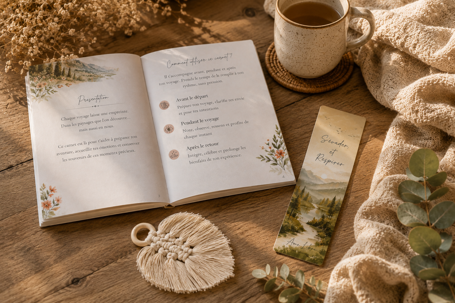 Carnet ouvert et tasse dans une ambiance chaleureuse et inspirante