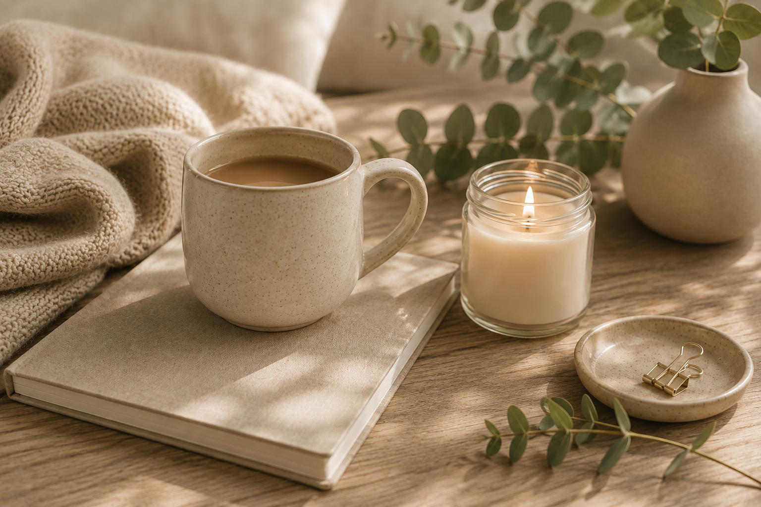 Tasse et bougie dans une ambiance chaleureuse et cocooning