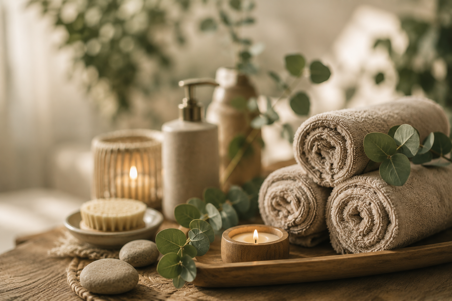 Serviettes roulées et soins dans une ambiance spa apaisante