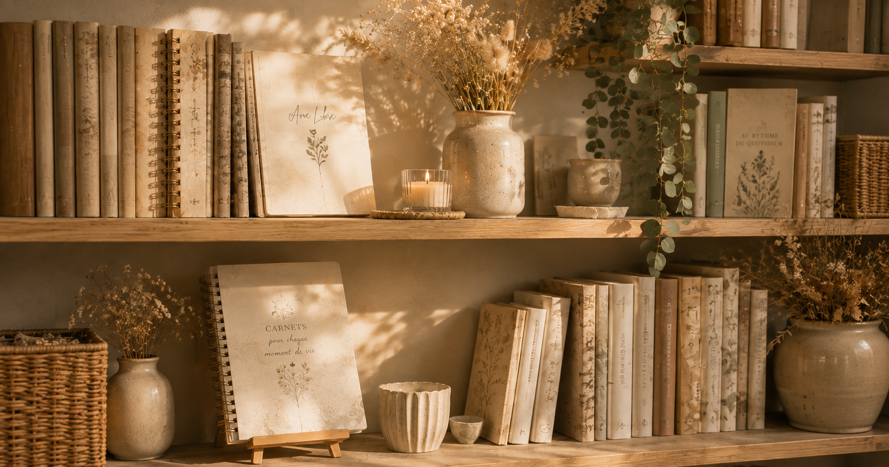 Bibliothèque en bois avec carnets, fleurs séchées et objets naturels dans l’univers Âme Libre