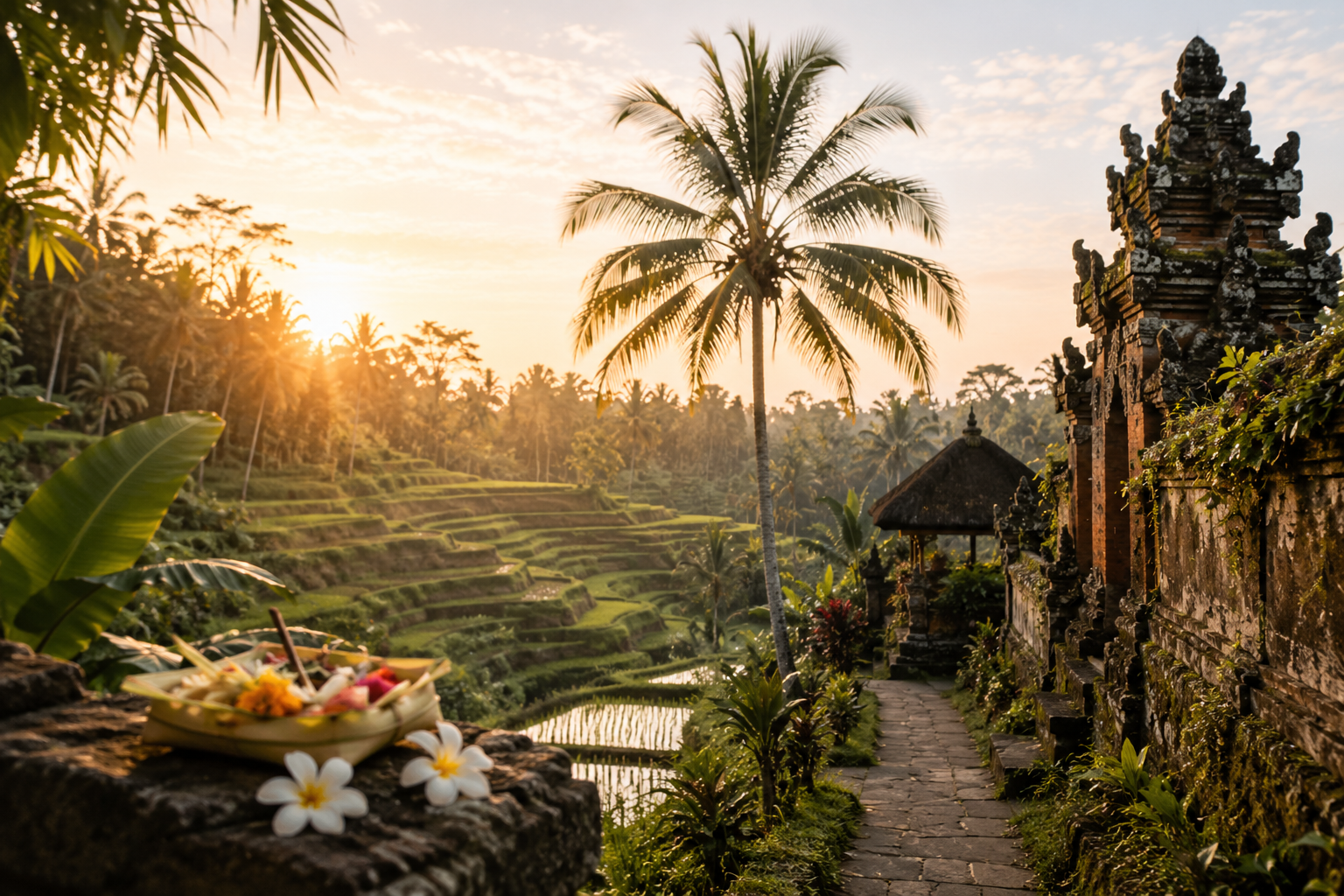 Rizières et paysage de Bali au coucher du soleil